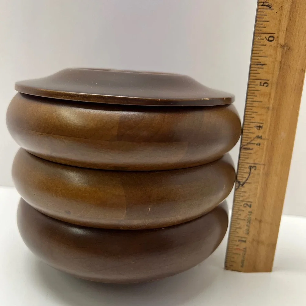 Hellerware 3 Piece Turned Stacking Wood With Lid MCM‎ Ribbed Beehive Nesting VTG